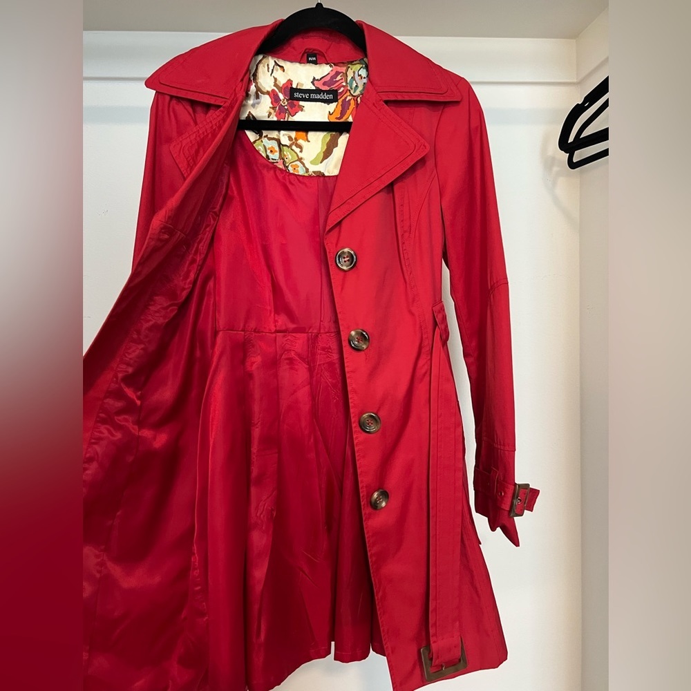 Steve Madden Collared Long Sleeve Belted Double Breasted Trench Coat Red Medium - Picture 3 of 5